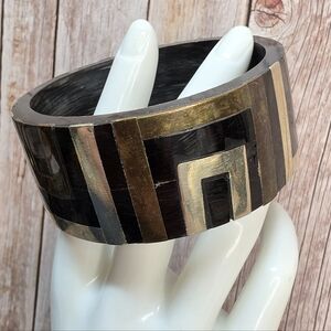 Wide Tribal Horn Inlay Bangle Black Gold Statement Bracelet Boho